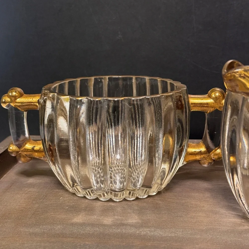 Vintage Jeannette Glass Creamer and Sugar Bowl Set Gold Trim Handles 